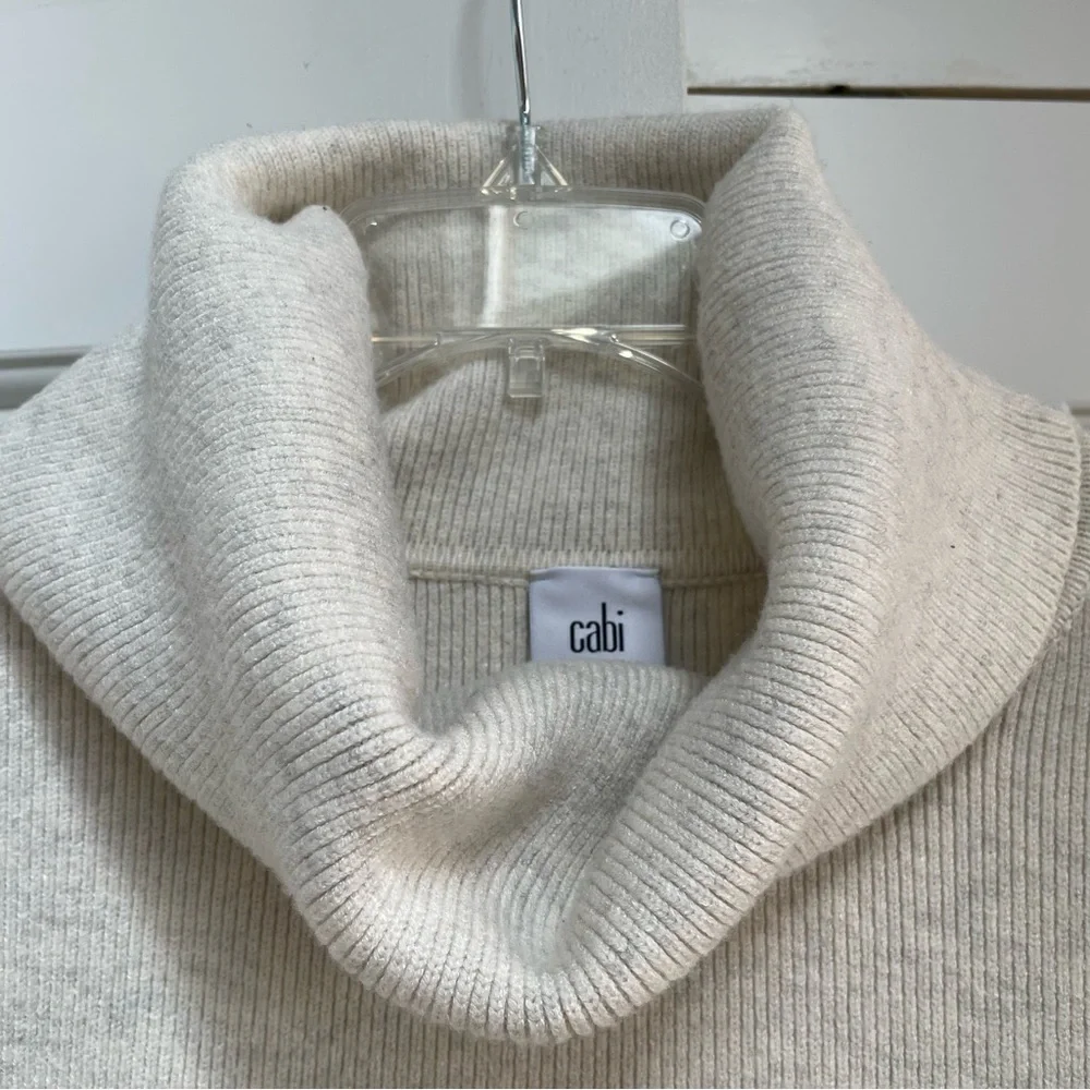 CAbi Lux Oatmeal Cowl Neck Cropped Length Tapered Sleeve Drop Shoulder Sweater - Picture 5 of 12